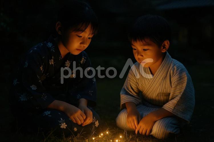 夜の庭で光を見る姉弟 夏,日本,姉弟の写真素材