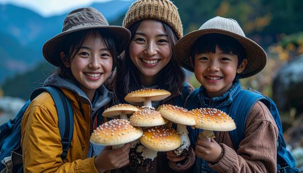 きのこ狩り キノコを収穫して笑顔の家族 きのこ狩り キノコを収穫して笑顔の家族の写真