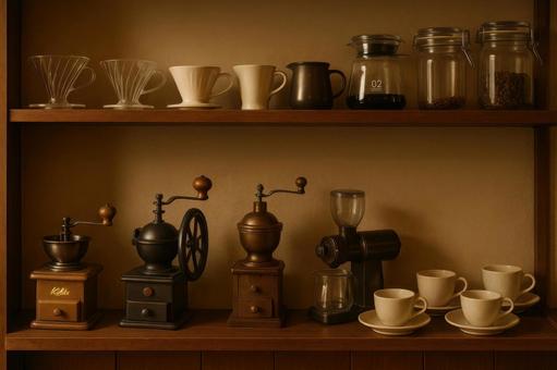 棚に並ぶコーヒー器具 棚に並ぶコーヒー器具の写真