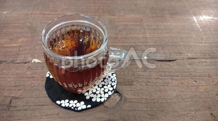 アイスコーヒーと紫陽花柄のコースター1 アイスコーヒー,アイス珈琲,珈琲の写真素材