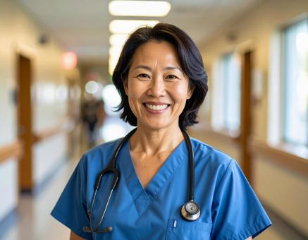 笑顔で立つ自信あふれる看護師の写真