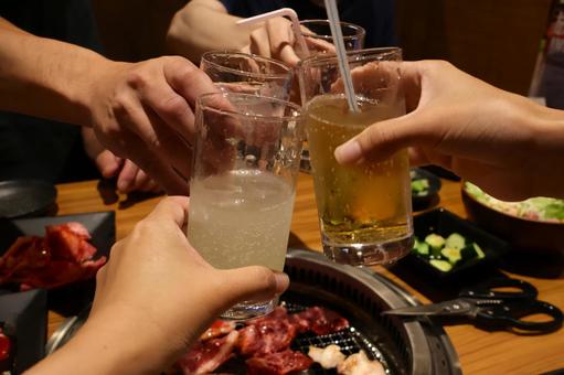 Photo, cheers, grilled meat, drinking party, 