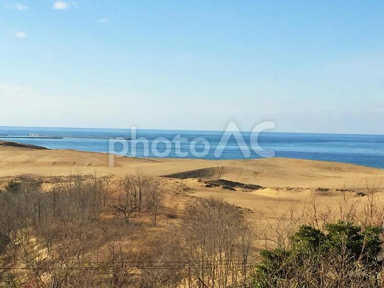 冬晴れの空と日本海と鳥取砂丘 鳥取砂丘,砂丘,海岸線の写真素材