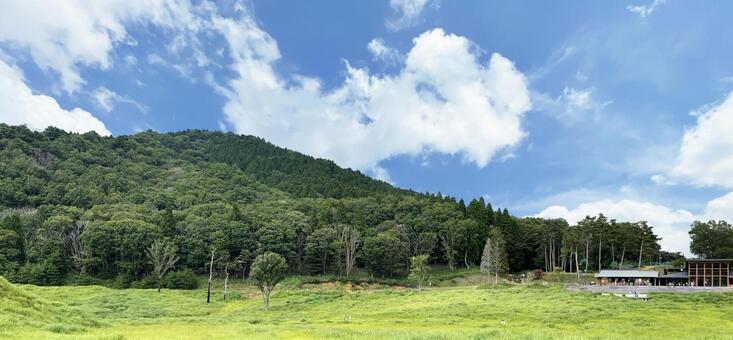 夏空と緑の山並みが広がる草原風景 夏,山,山並みの写真素材