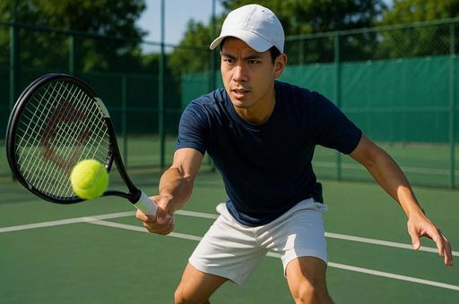 テニスの試合をしている男性選手・ラケット テニスの試合をしている男性選手・ラケットの写真