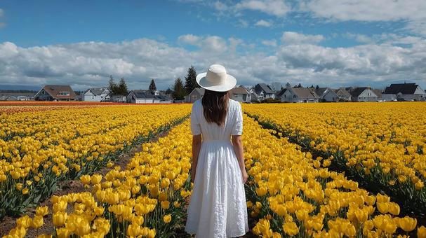 美しい花畑に佇む女性の穏やかな風景 美しい花畑に佇む女性の穏やかな風景の写真