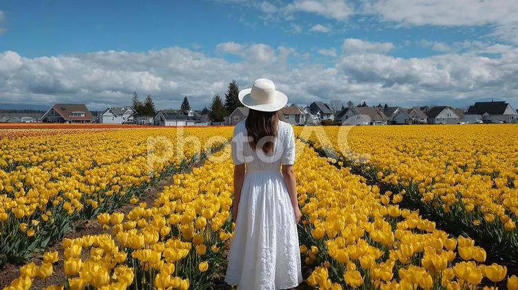 美しい花畑に佇む女性の穏やかな風景 女性,帽子,花の写真素材
