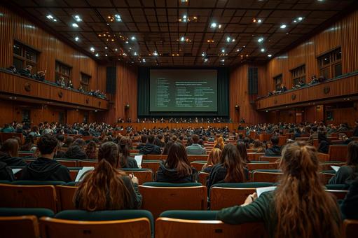Back view of students attending a lecture in a large lecture hall, auditorium, lecture, classroom, JPG