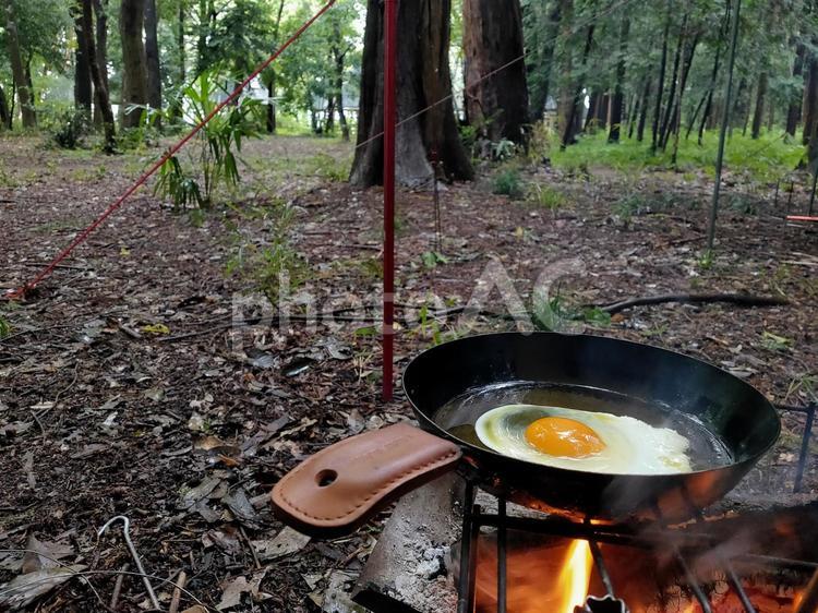 森の中で目玉焼き 目玉焼き,フライパン,キャンプの写真素材