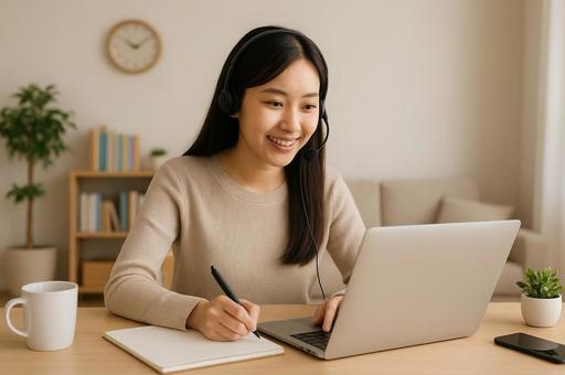 テレワークをする女性 テレワークをする女性の写真