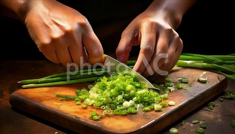 ねぎを小口切りする手元 食,料理,食べ物の写真素材