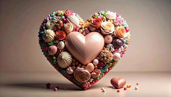 ハートのオブジェ、スイーツと花の写真
