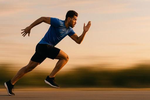 夕暮れの中を全力疾走する男性ランナー 夕暮れの中を全力疾走する男性ランナーの写真