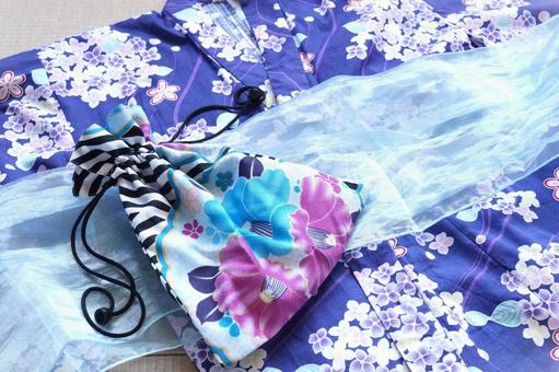 Drawstring bag Hydrangea patterned yukata and organza obi, towel bag, yukata, yukata, JPG