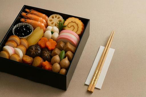 黒漆の重箱に彩り豊かなおせち料理の写真