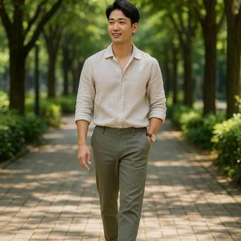 並木道を歩く男性の写真