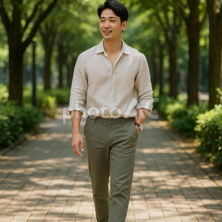 並木道を歩く男性 男性,並木道,夏の写真素材