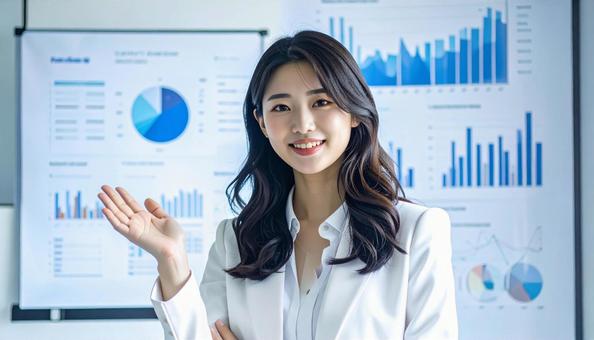 グラフの前に立つ日本人女性会社員 グラフの前に立つ日本人女性会社員の写真