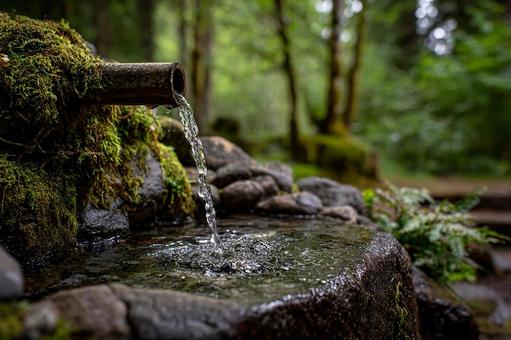 森の中に佇む、苔むした岩からの水の流れ 森の中に佇む、苔むした岩からの水の流れの写真