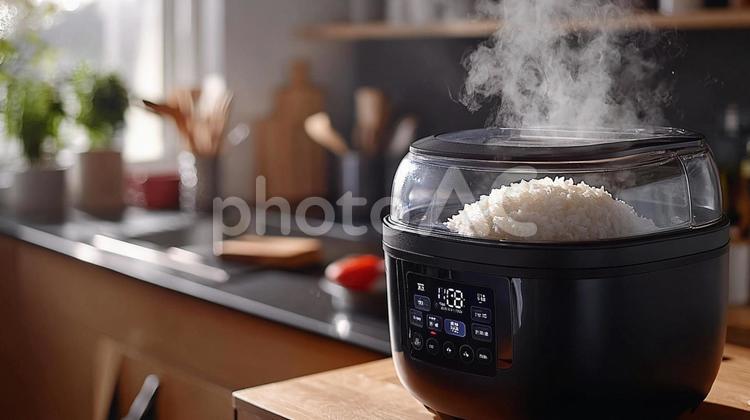 炊飯器で蒸らされるごはん 炊飯器,ごはん,蒸気の写真素材