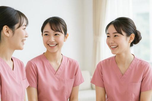 明るい部屋で会話する看護師たちの写真
