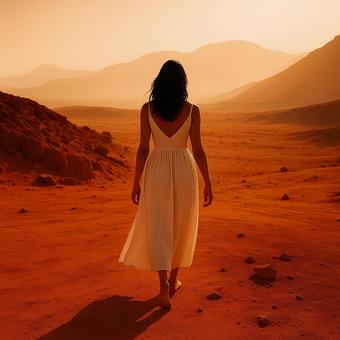 赤い砂漠を歩く女性の写真