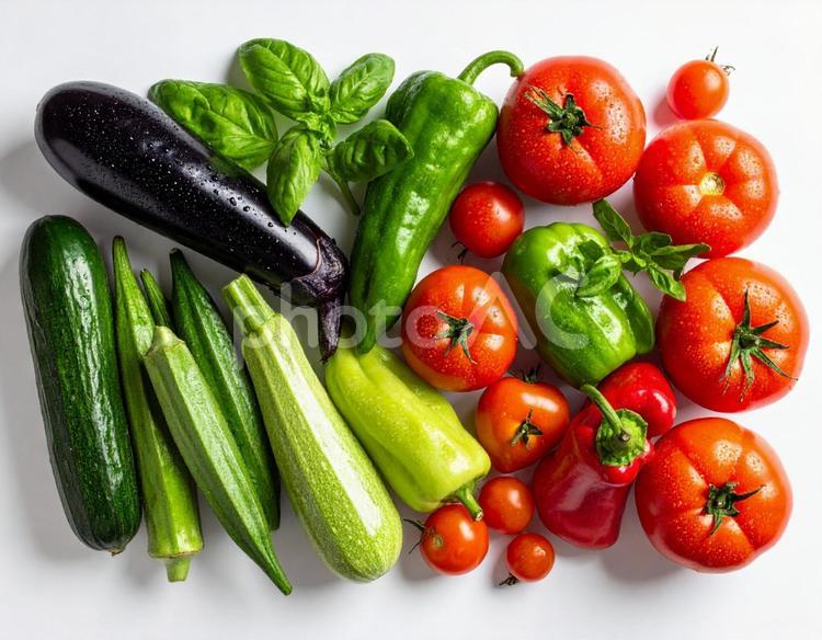 採れたて新鮮色とりどりの夏野菜 夏野菜,トマト,ナスの写真素材