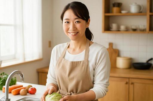 キッチンで笑顔の女性 キッチンで笑顔の女性の写真