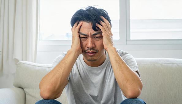 寝起きで座って頭を抱えるパジャマ姿の男性 寝起きで座って頭を抱えるパジャマ姿の男性の写真