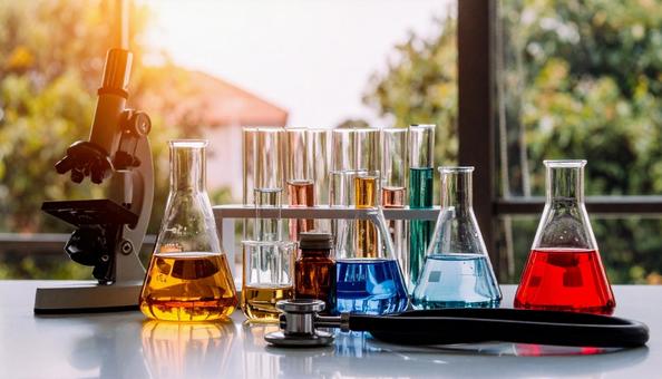医学イメージ 聴診器と赤と黄色の試薬 医学イメージ 聴診器と赤と黄色の試薬の写真