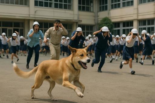 避難訓練中の犬騒動の写真
