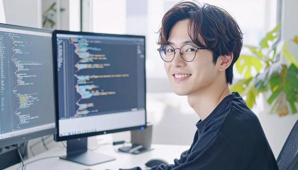 プログラミングをする男性エンジニア プログラミングをする男性エンジニアの写真