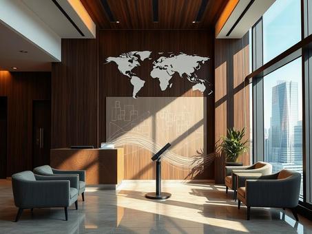 A stylish reception desk on a high floor, office, skyscraper, high floor, JPG