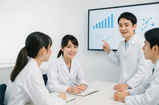 会議をする白衣の人たち 会議をする白衣の人たちの写真