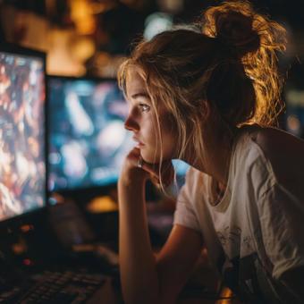 PCを見つめる女性の写真