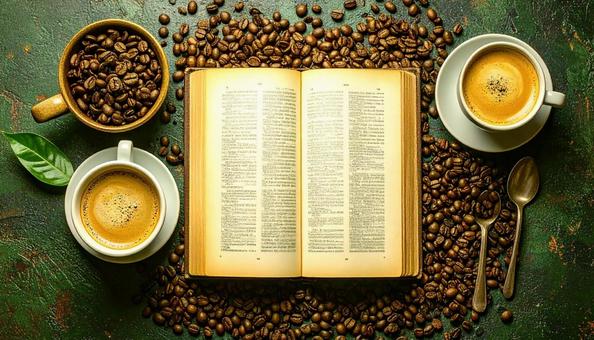 コーヒーと開いたフランス語の辞書 コーヒーと開いたフランス語の辞書の写真