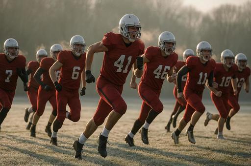 朝焼け駆けるフットボール選手 朝焼け駆けるフットボール選手の写真