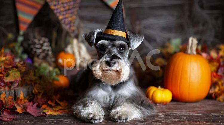 ハロウィンで帽子をかぶったシュナウザー 犬,シュナウザー,ハロウィンの写真素材
