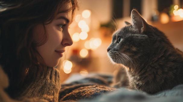 部屋の中で女性とリラックスする猫 部屋の中で女性とリラックスする猫の写真