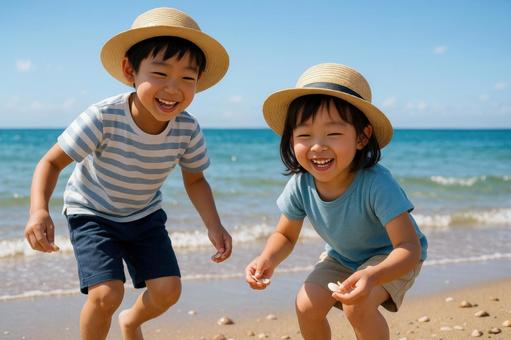 海辺で帽子をかぶる子どもたち 海辺で帽子をかぶる子どもたちの写真
