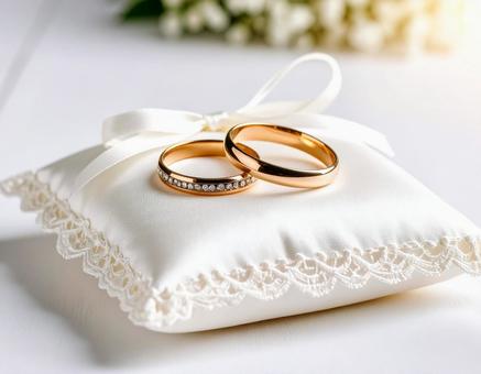 リングピローの上に置かれた結婚指輪 リングピローの上に置かれた結婚指輪の写真