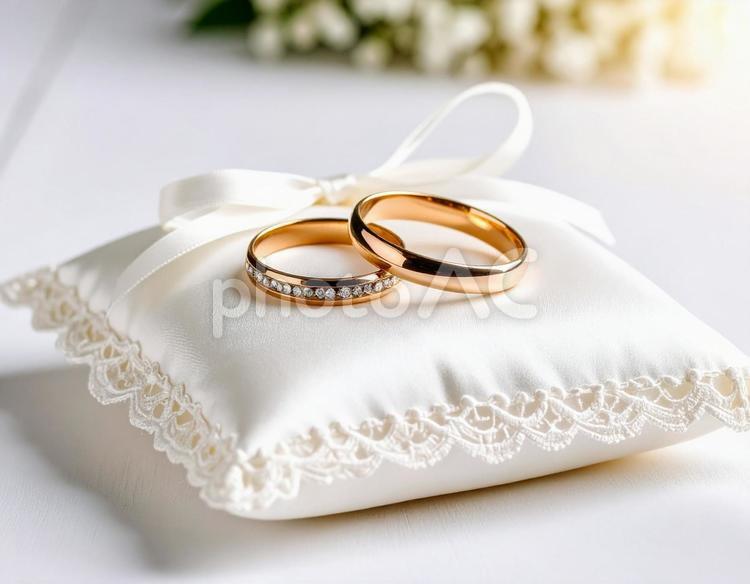 リングピローの上に置かれた結婚指輪 マリッジリング,アクセサリー,ジュエリーの写真素材