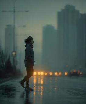 雨の街を颯爽と歩く女性の横顔 雨の街を颯爽と歩く女性の横顔の写真