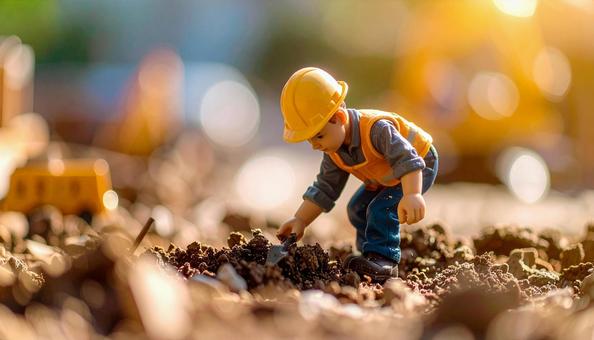建設現場で働く建設作業員のフィギュア人形 建設現場で働く建設作業員のフィギュア人形の写真