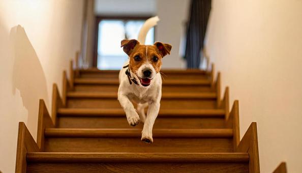 階段を駆けあがる犬 階段を駆けあがる犬の写真