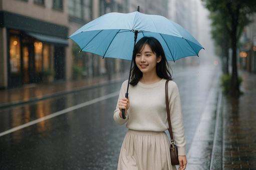 雨の日に私服で歩く女性 雨の日に私服で歩く女性の写真