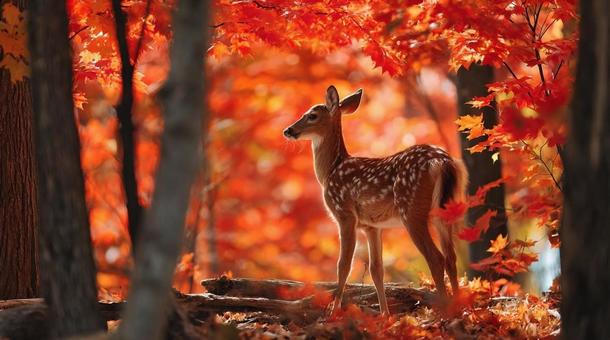紅葉に包まれた小鹿・野生動物・美しい風景 紅葉に包まれた小鹿・野生動物・美しい風景の写真