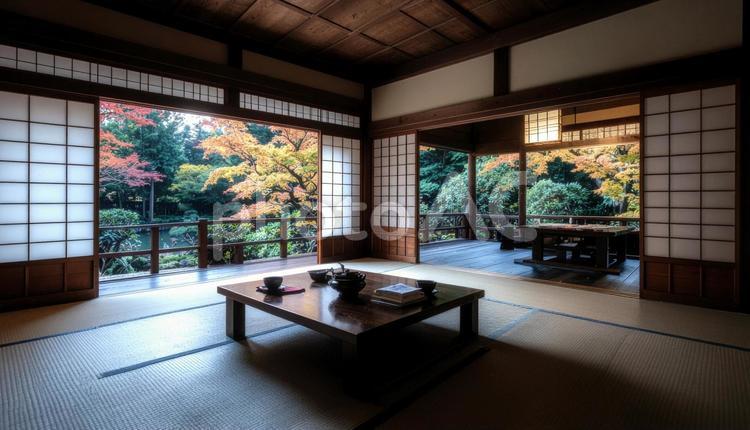 紅葉の庭園を眺める和室の風景 和室,紅葉,障子の写真素材