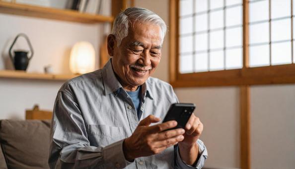 スマホを楽しむ笑顔の高齢日本人男性 スマホを楽しむ笑顔の高齢日本人男性の写真