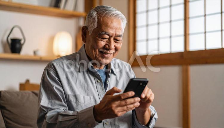 スマホを楽しむ笑顔の高齢日本人男性 人物,男性,日本人の写真素材